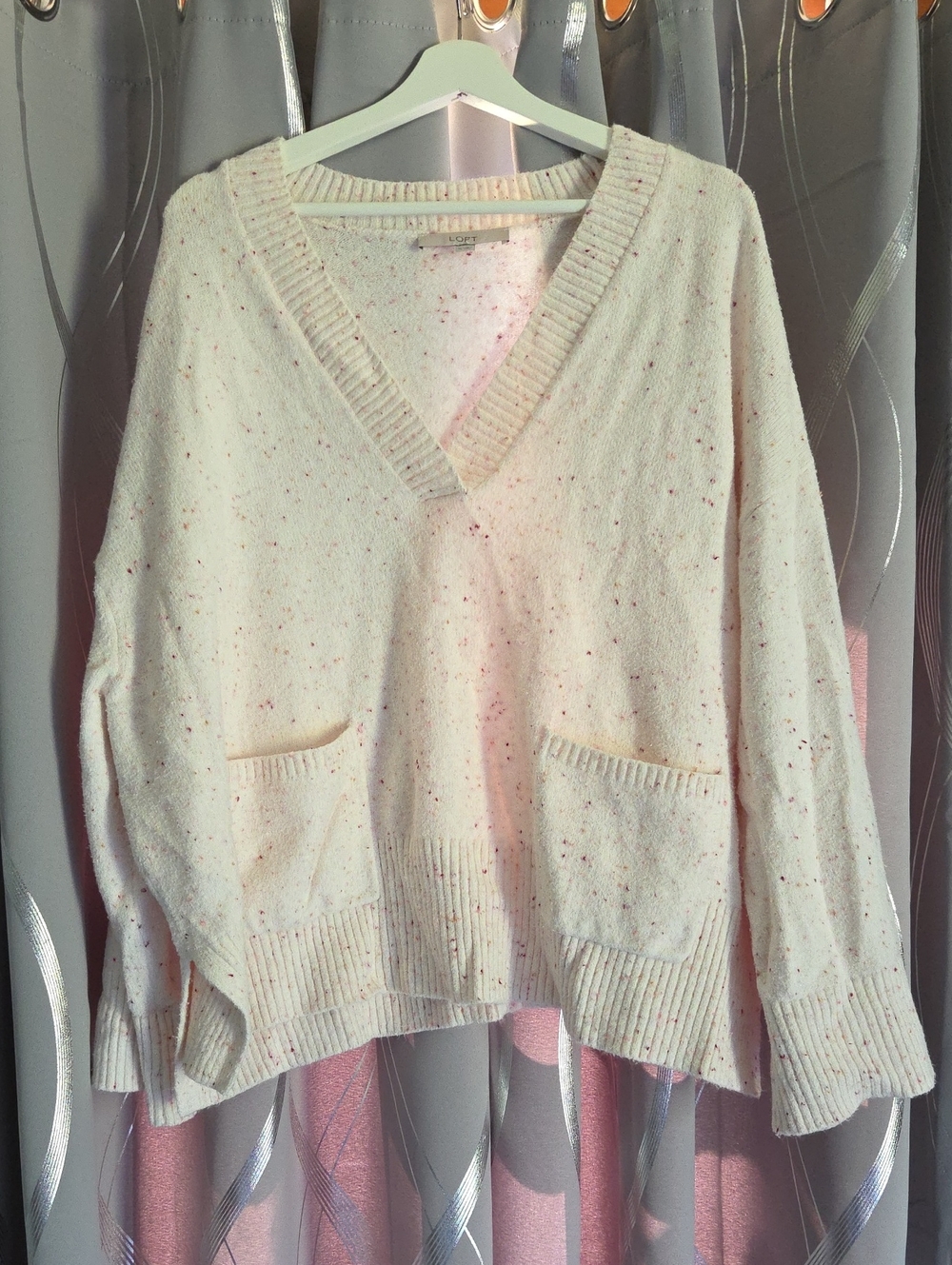 LOFT Cream Speckled V-Neck Pocket Knit Sweater XL